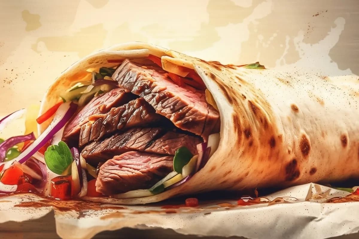 Shaorma de vită tăiată în două, cu feliile de carne, salata și roșiile la vedere în lipie caldă